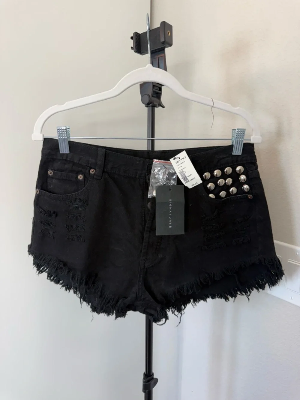 Black Frayed Hem Studded Denim Shorts